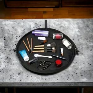 Black Drawstring Makeup Pouch Portable Round Travel 19" Cosmetic Bag Locker Gym